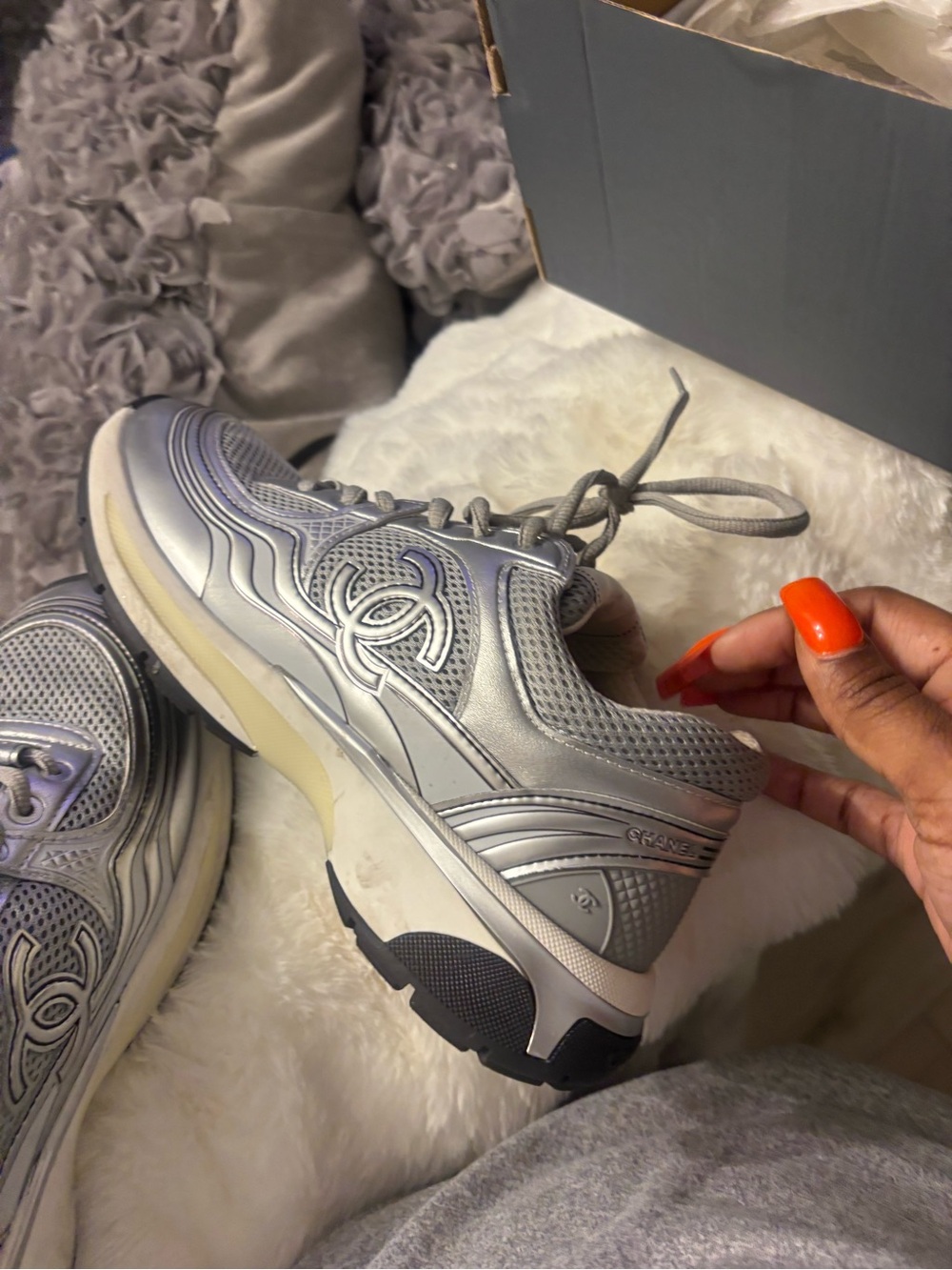 CHANEL Silver Metallic Mesh & Leather Sneakers